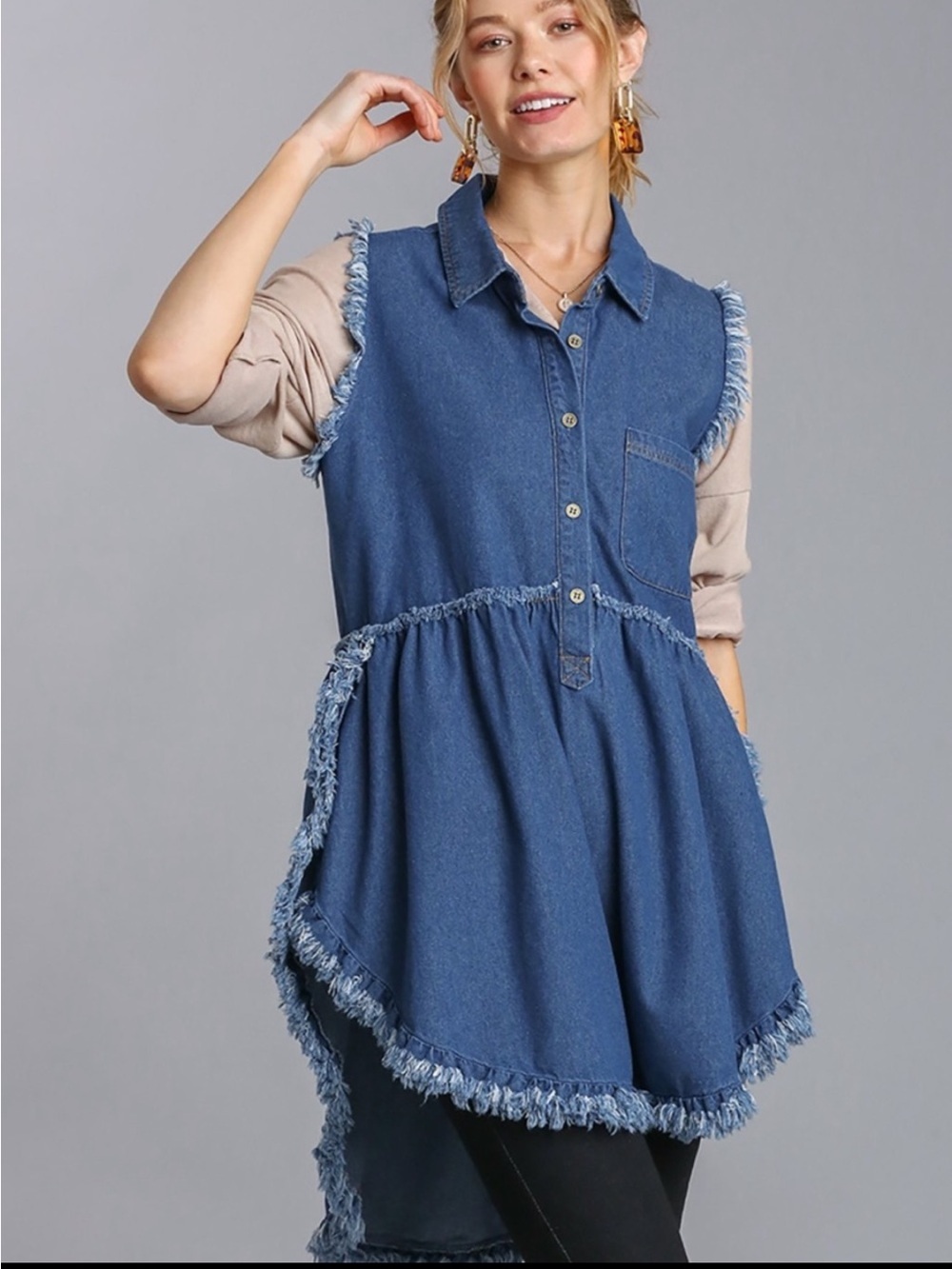 Umgee Sleeveless Denim Tunic Frayed Hem NWT